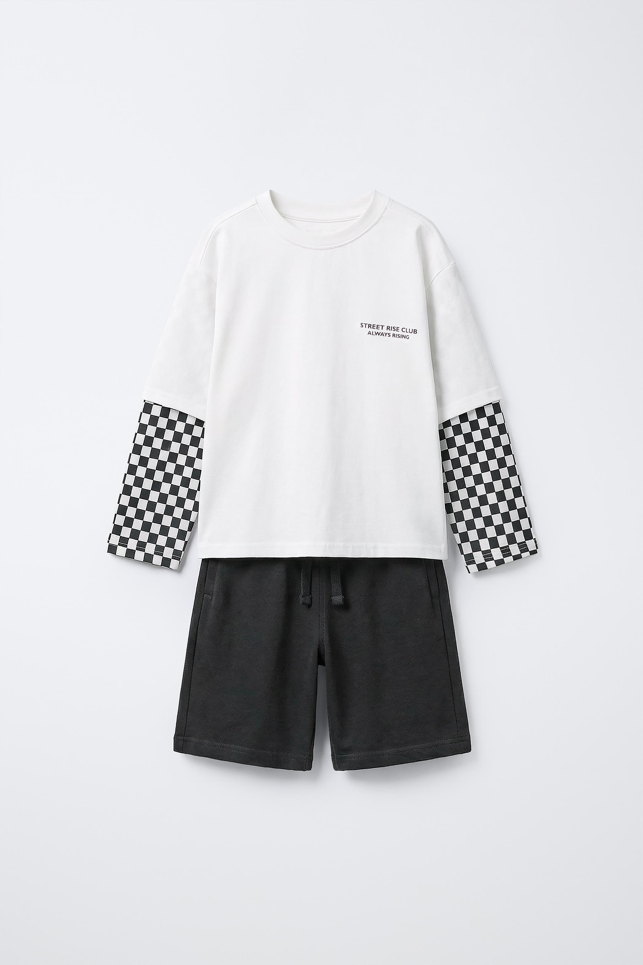 ENSEMBLE T-SHIRT DOUBLE MANCHE ET SHORT À CARREAUX DAMIER
